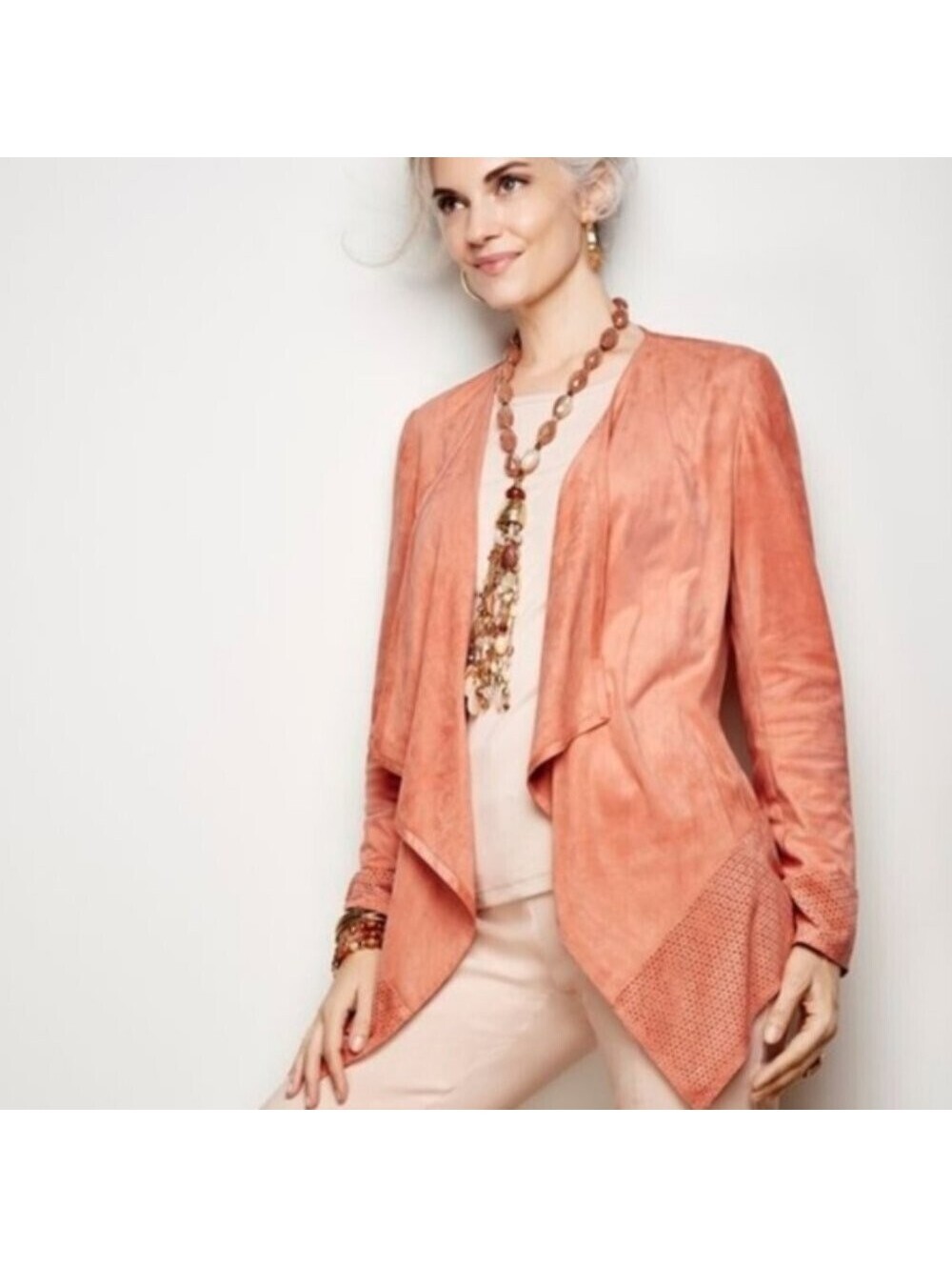 Chico’s Women’s 3 Salmon Peach Faux Suede Open Front Draped Perforated Jacket
